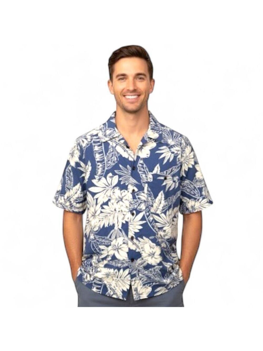 Monticerutti Men’s Size M Blue White Hawaiian Tropical Short Sleeve Shirt